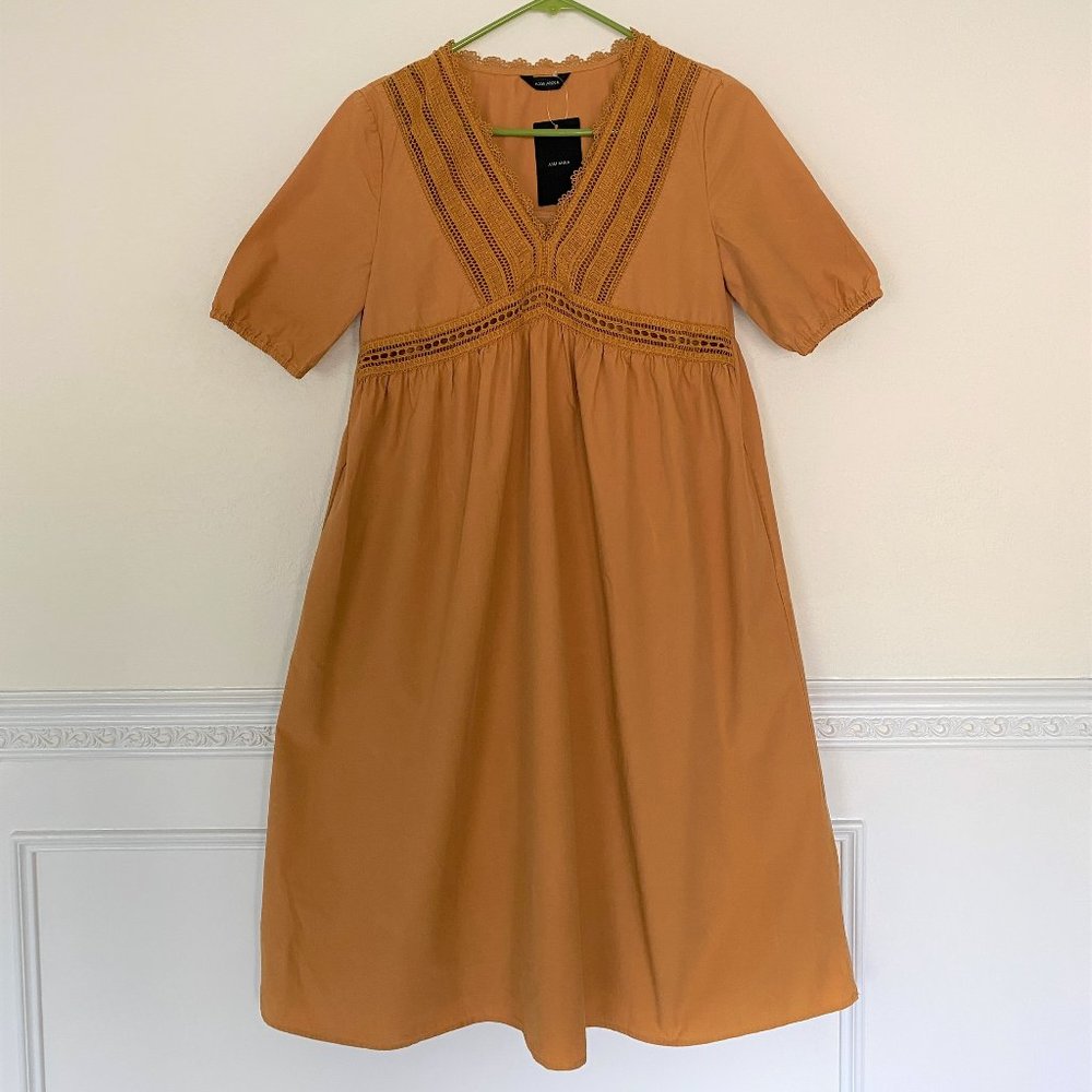 Babydoll High Waist Dress Yellow Lace V Neck Loose Puff Sleeve NTW S Cotton